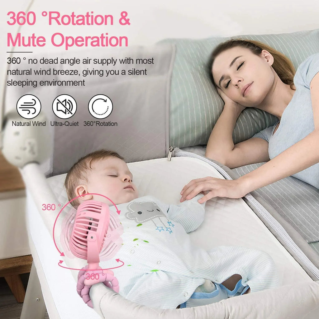 Cute animal design mini stroller fan with LED night light and flexible clip in pink on a stroller