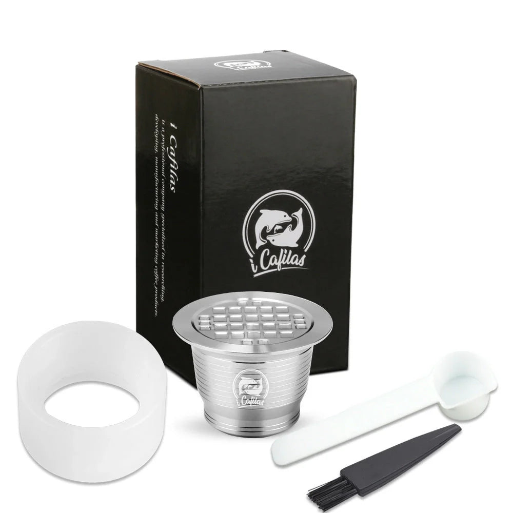 Stainless steel reusable Nespresso coffee capsule with tamper and spoon