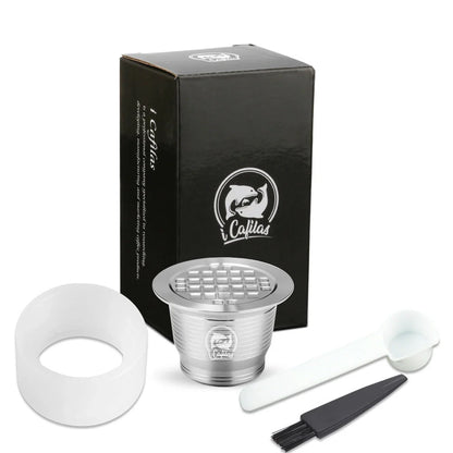 Stainless steel reusable Nespresso coffee capsule with tamper and spoon