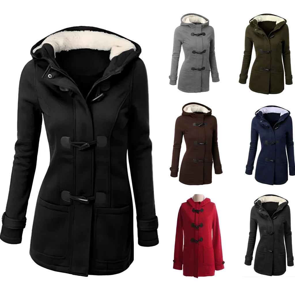 Hooded cotton-padded jacket for women in solid colour, slim fit, polyester fabric