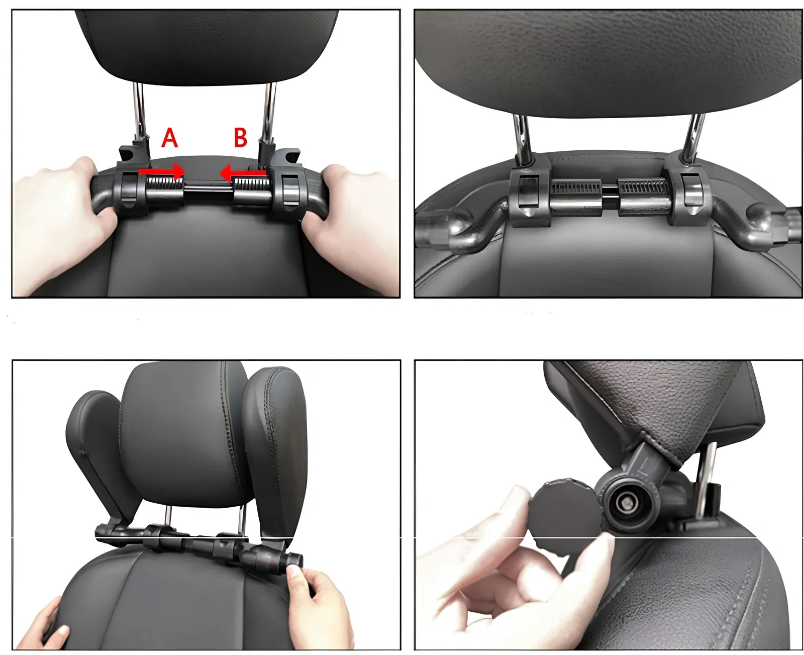 Adjustable car headrest pillow with 36cm bracket and 14cm rotating PU leather cushion