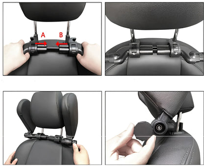 Adjustable car headrest pillow with 36cm bracket and 14cm rotating PU leather cushion