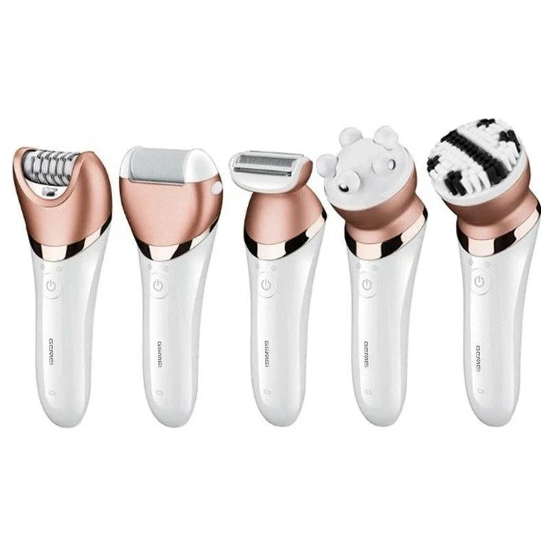 Black 4-in-1 rechargeable electric shaver epilator with four interchangeable heads for hair removal and facial care