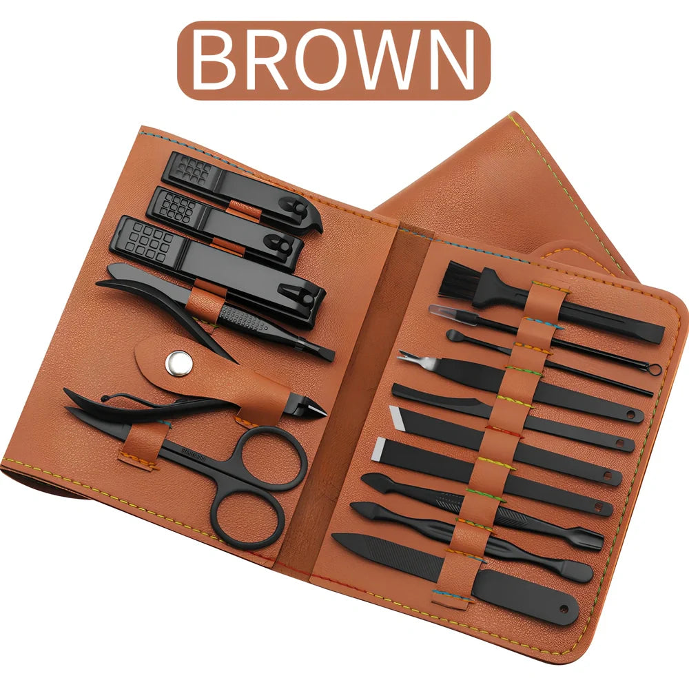 16-piece stainless steel manicure pedicure grooming kit in brown PU leather case with nail clippers and tools