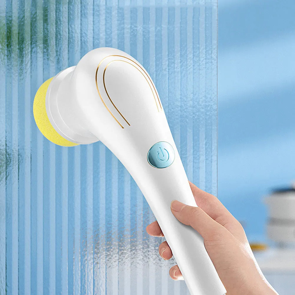 White cordless electric cleaning brush with five brush heads including nylon, sponge, wire, scouring pad and plush cloth attachments