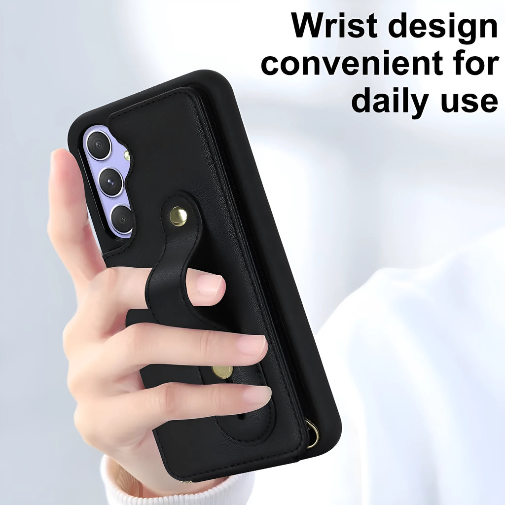 Samsung A54 5G leather phone case with lanyard in black hot pressing fit close up