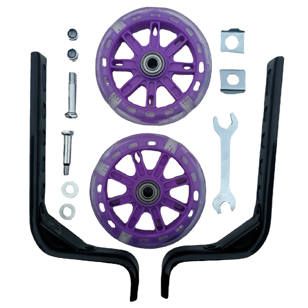 Children's metal bicycle training wheels with universal bracket in assorted colours including red, blue, and yellow.