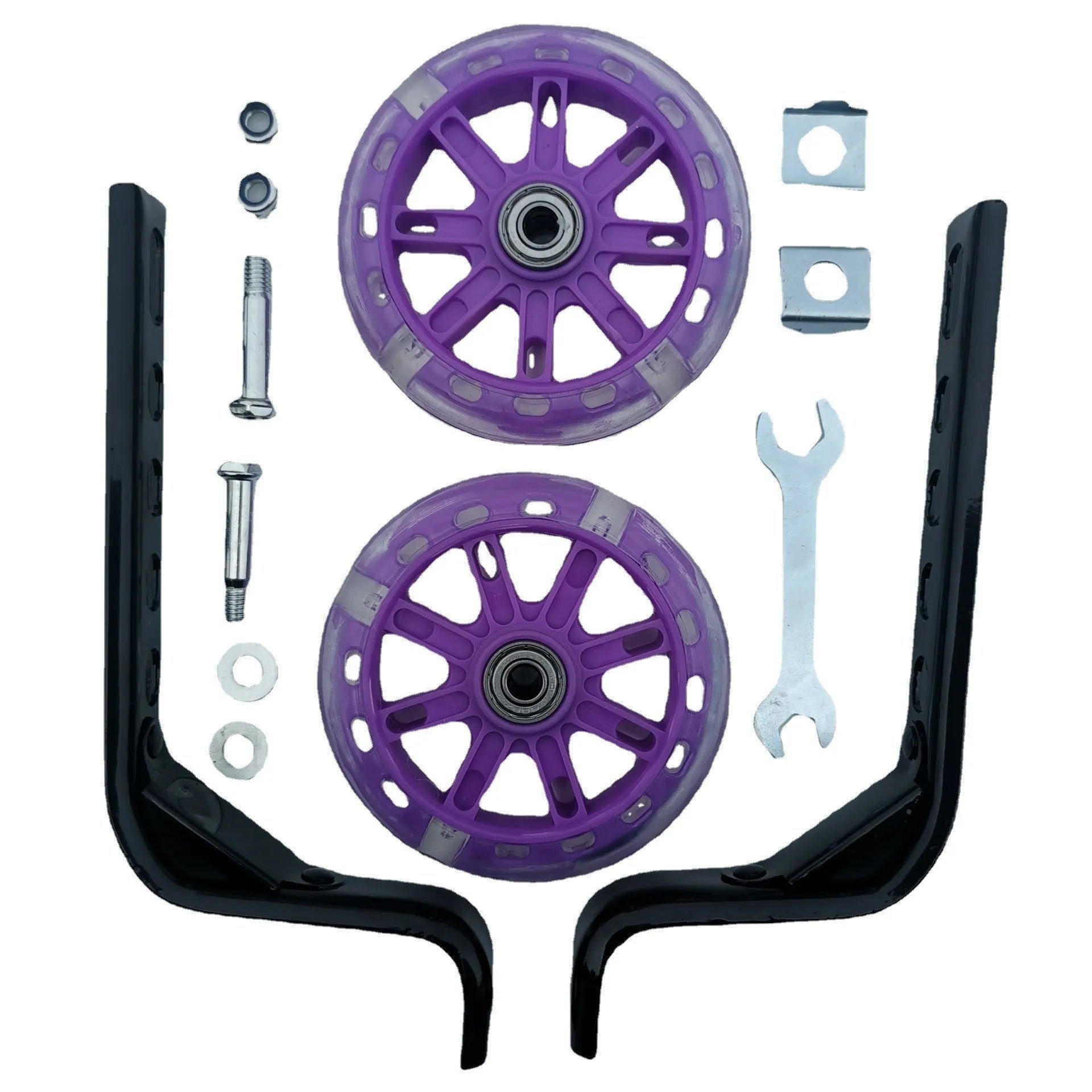 Children's metal bicycle training wheels with universal bracket in assorted colours including red, blue, and yellow.