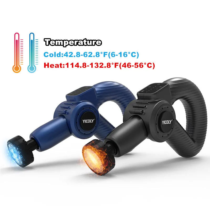Black smart muscle massage gun with hot compress and ice compress functions on a table