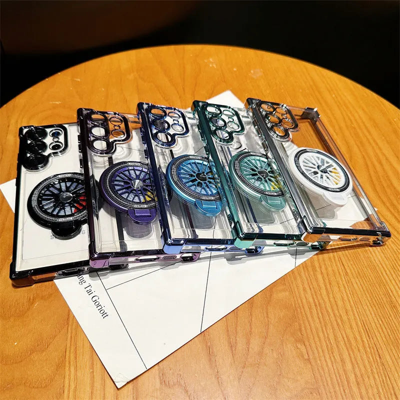 Samsung S23 phone case with electroplated finish, rotating gyro bracket, and magnetic suction in cool black colour