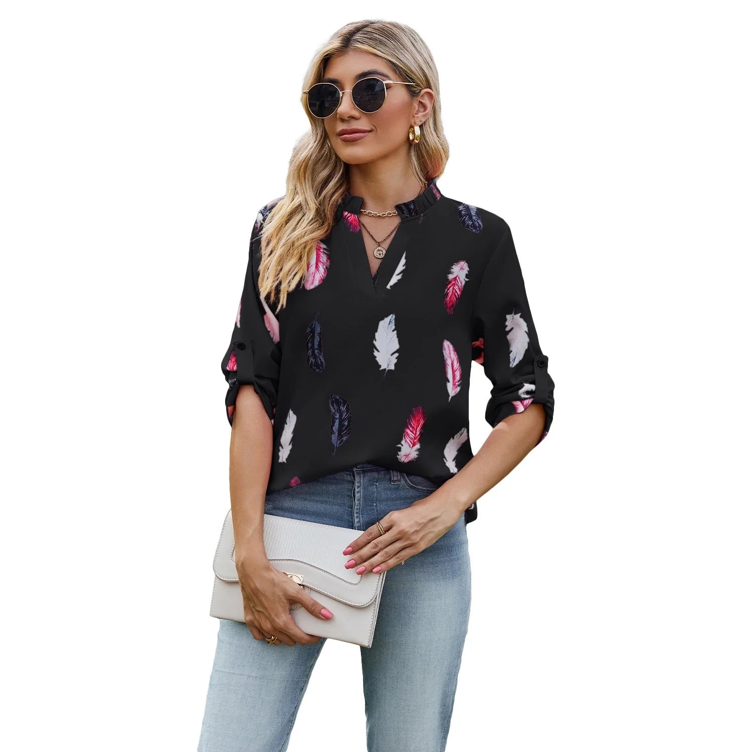 V-neck feather printed loose shirt in various colours, showcasing unique design and comfortable fit