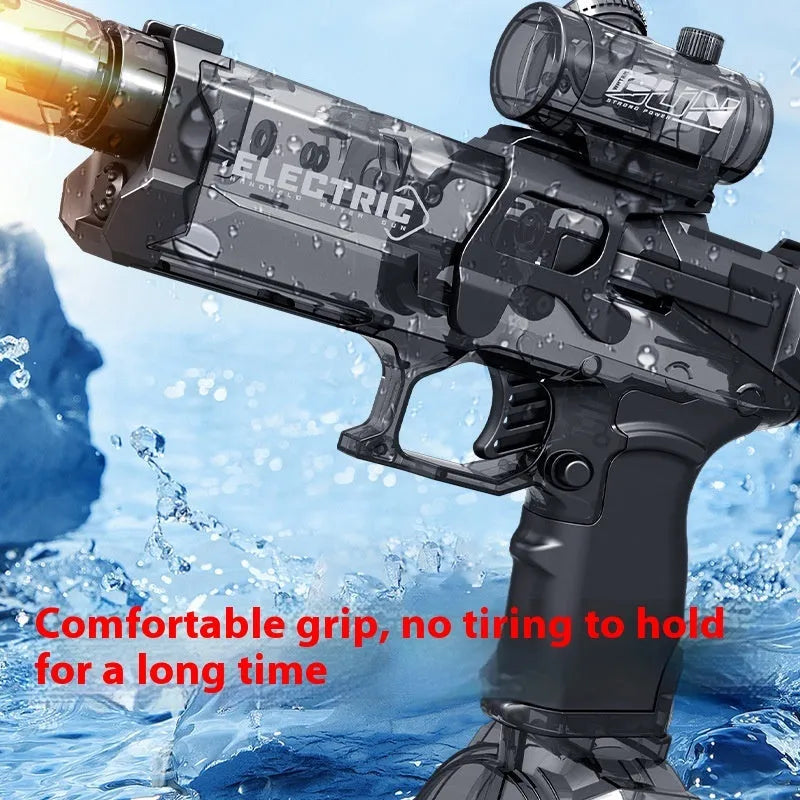 Electric water pistol toy with LED lights in black, blue and red colour options