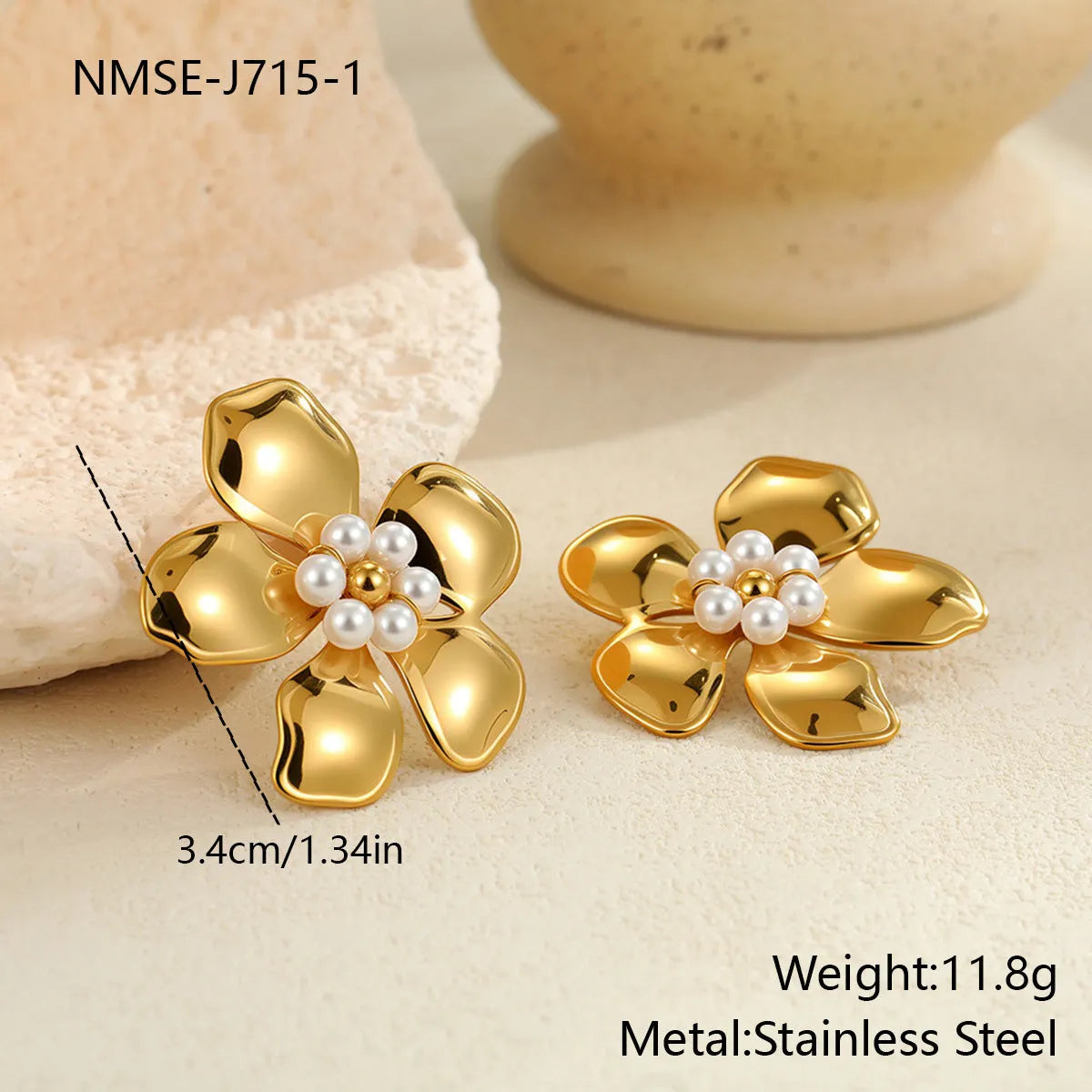 Flower stringed pearls stud earrings in gold and steel colour on white background