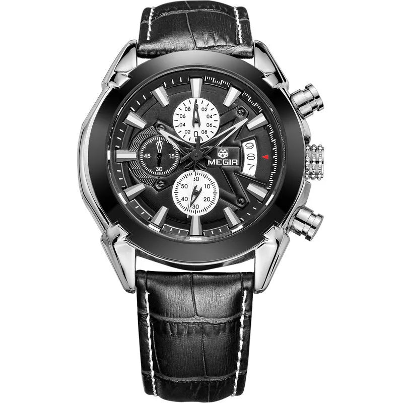 Men's multifunctional quartz chronograph watch with three-eye display and luminous markers
