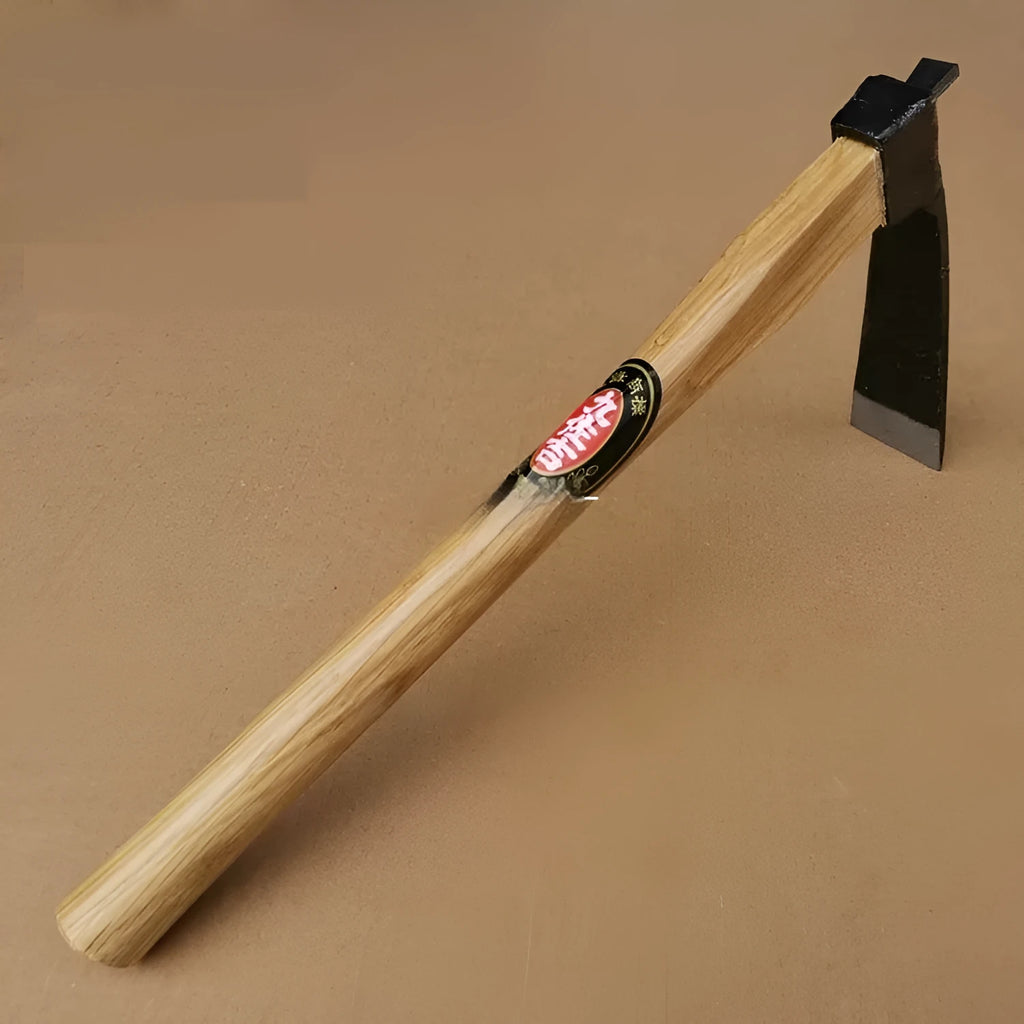 Forging No 7 small hoe with carbon steel head and brown Qinggang wood handle on white background