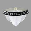Men's white and black breathable mesh briefs with high-cut leg design on a plain background.