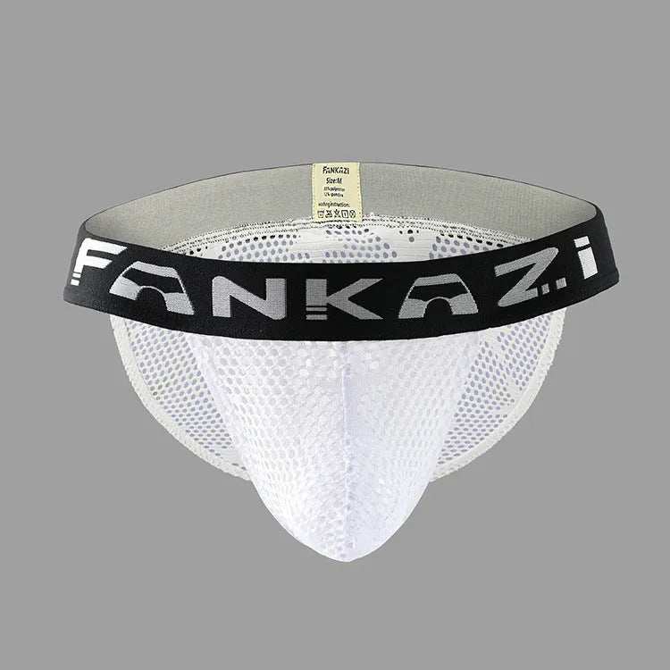 Men's white and black breathable mesh briefs with high-cut leg design on a plain background.