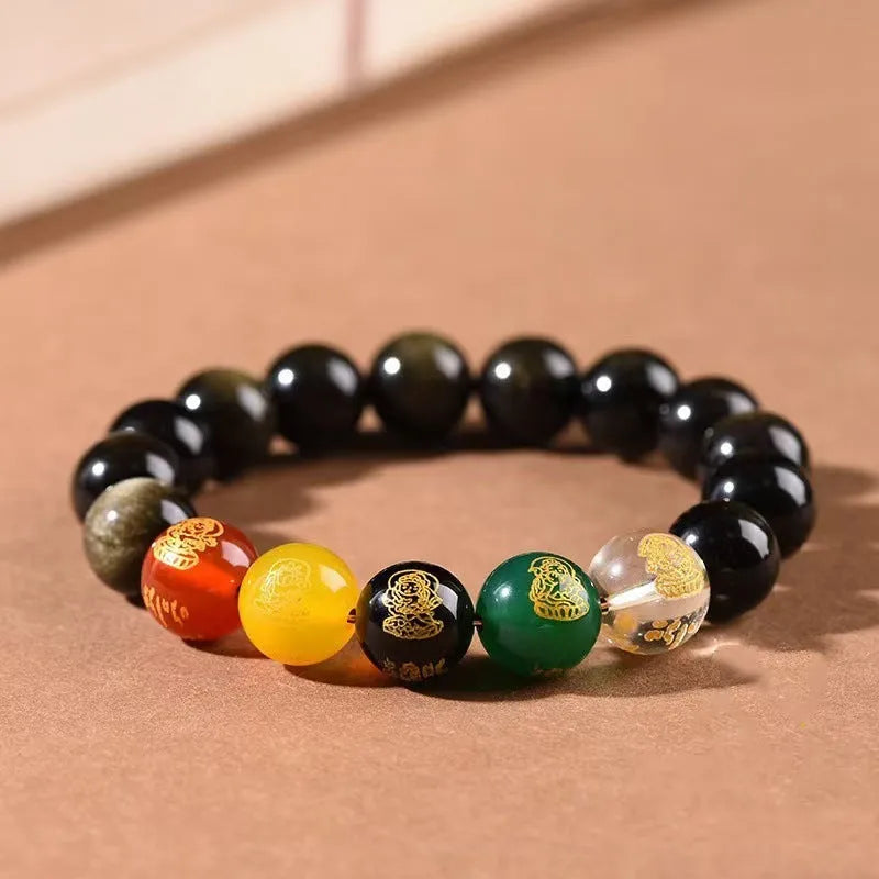 Single Circle Five Gods of Wealth mens bracelet in Rainbow Eye Obsidian crystal with 10mm beads.