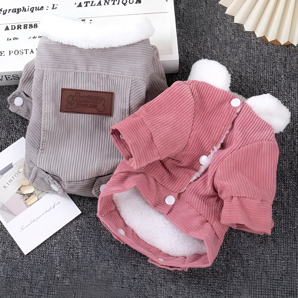 Grey lambswool-lined dog fleece vest for winter warmth shown on a medium-sized dog