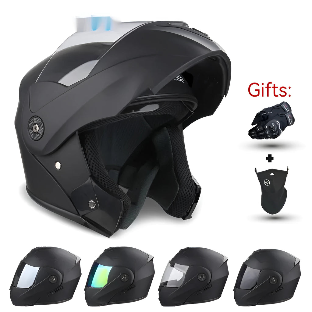 Electric motorcycle helmet with exposed double lens on an ABS plastic shell in a choice of colours.