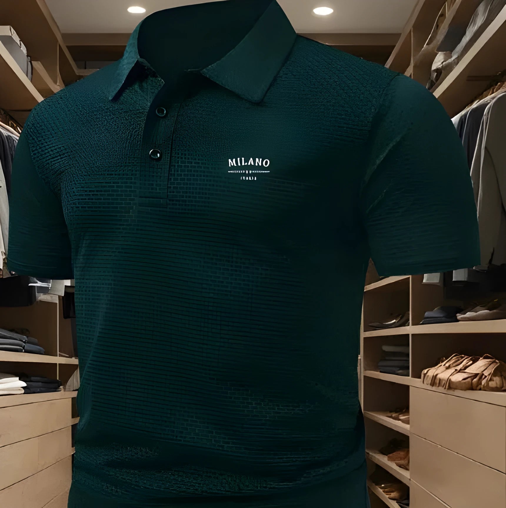 Man wearing a solid colour short-sleeved polo shirt with a formal lapel collar, loose fit.