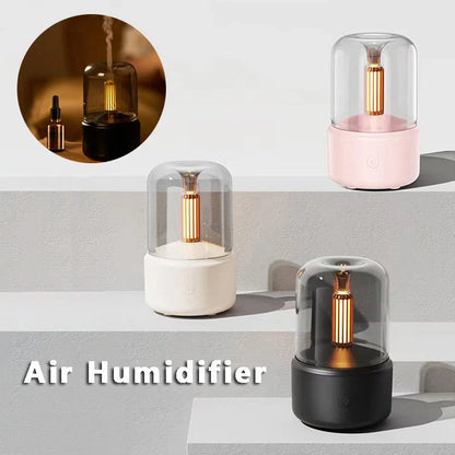Atmosphere Light Humidifier with candlelight effect and aroma diffuser in beige, black, and pink options