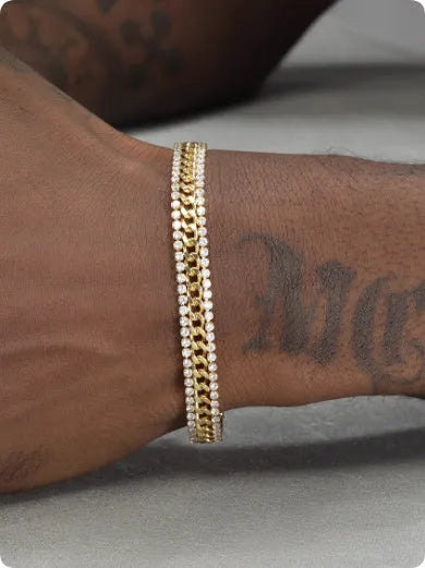 Gold tennis bracelet with electroplated finish and artificial gemstone inlay on titanium steel