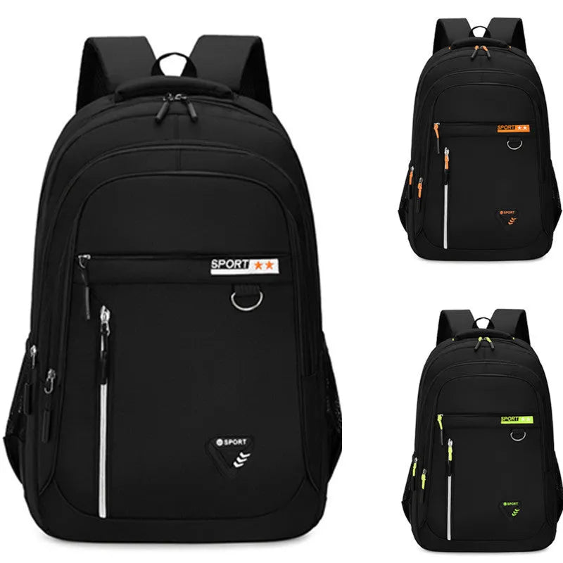 Men's Oxford cloth schoolbag with letter pattern design showing air pillow belt burden reduction system