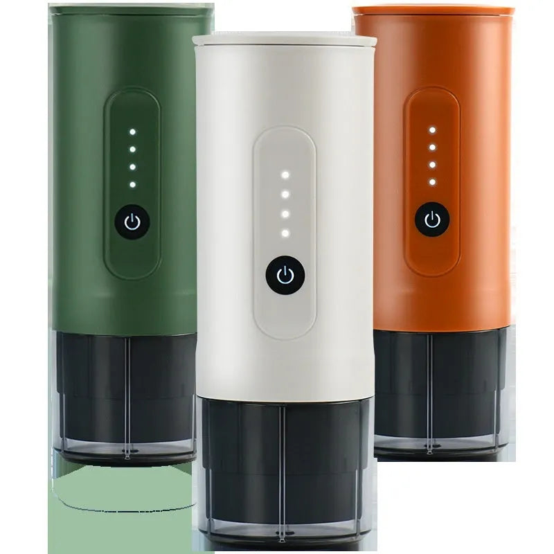 Portable stainless steel coffee machine with car charger, clear spoon, and storage bag in Jungle Green colour.