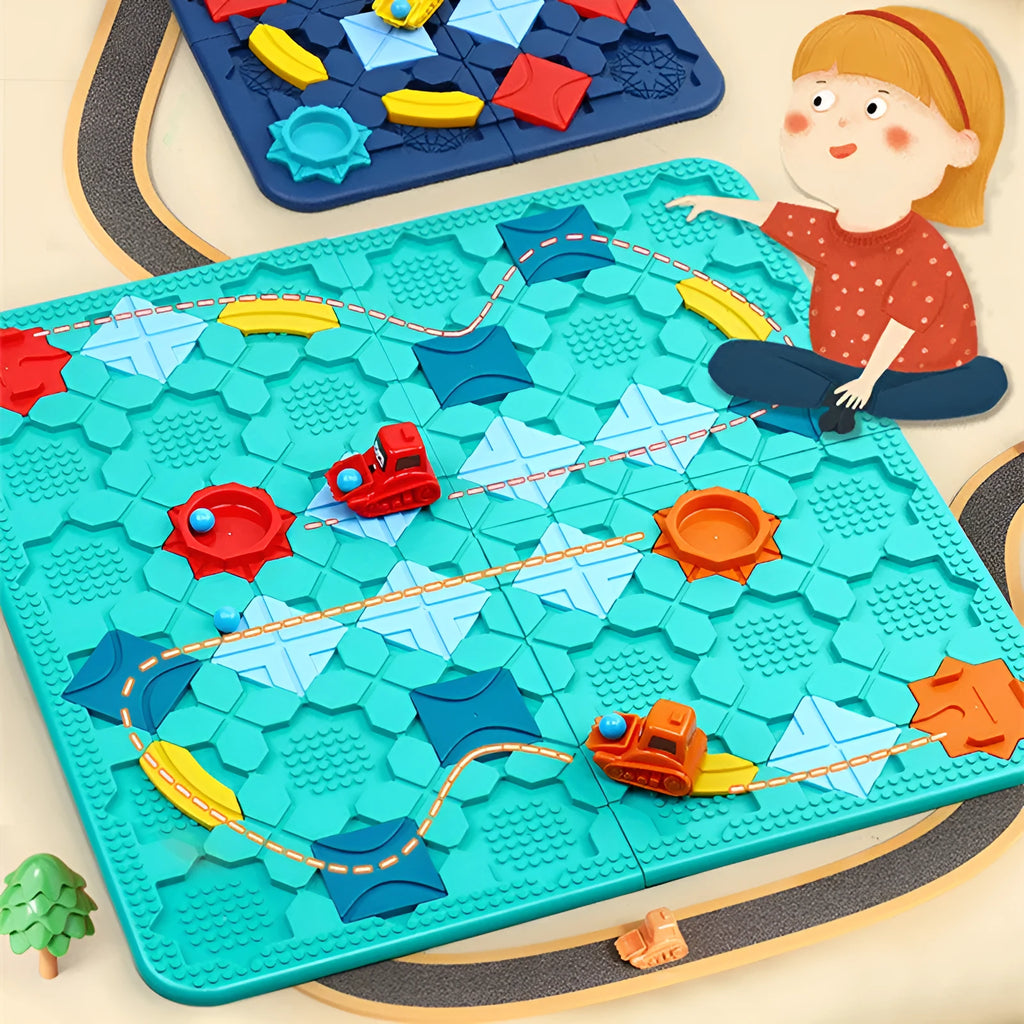 Green plastic road building maze board game for children aged 4-6, 38x38 cm, with puzzle pieces
