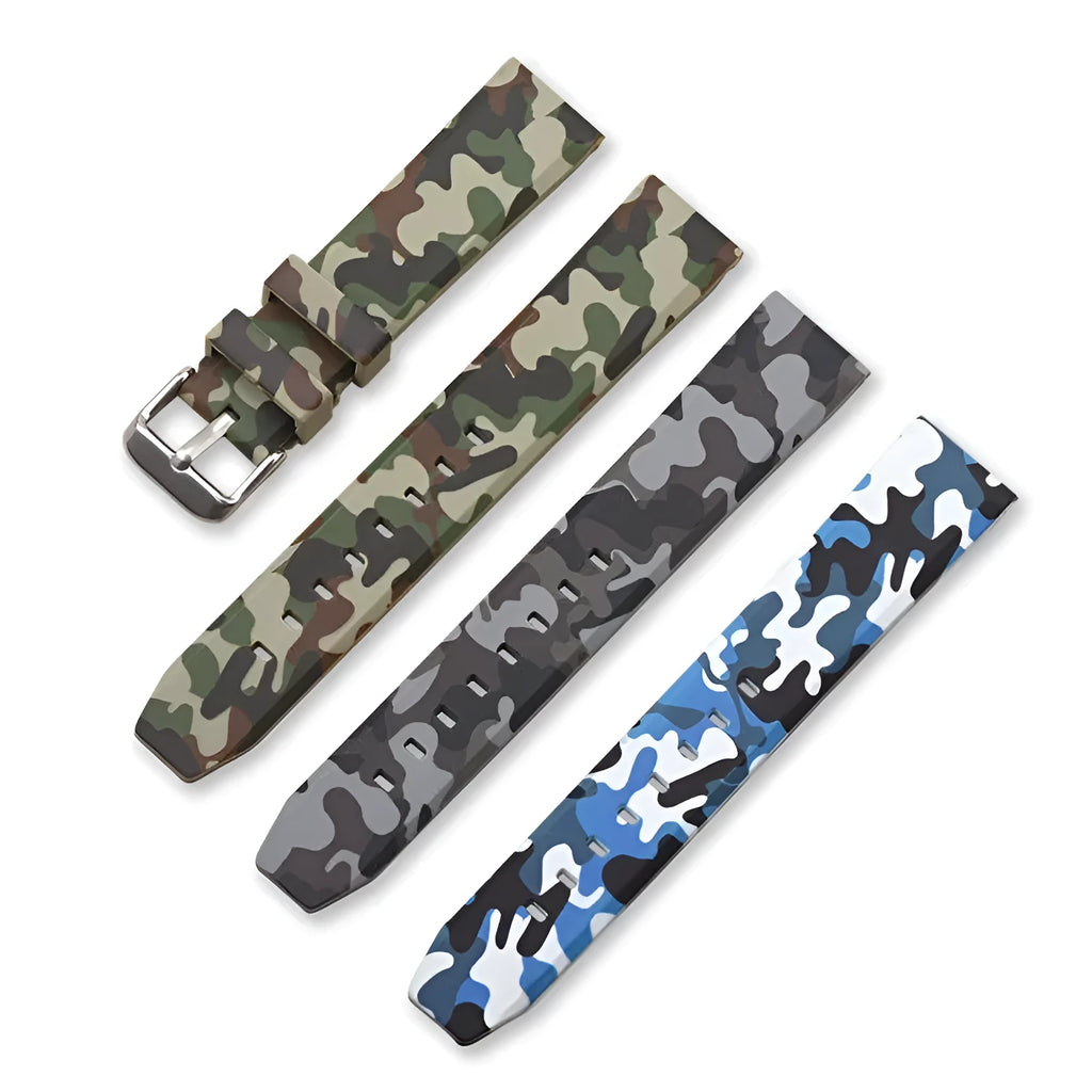 Green camouflage silicone watch strap with flat head universal lugs on a grey background