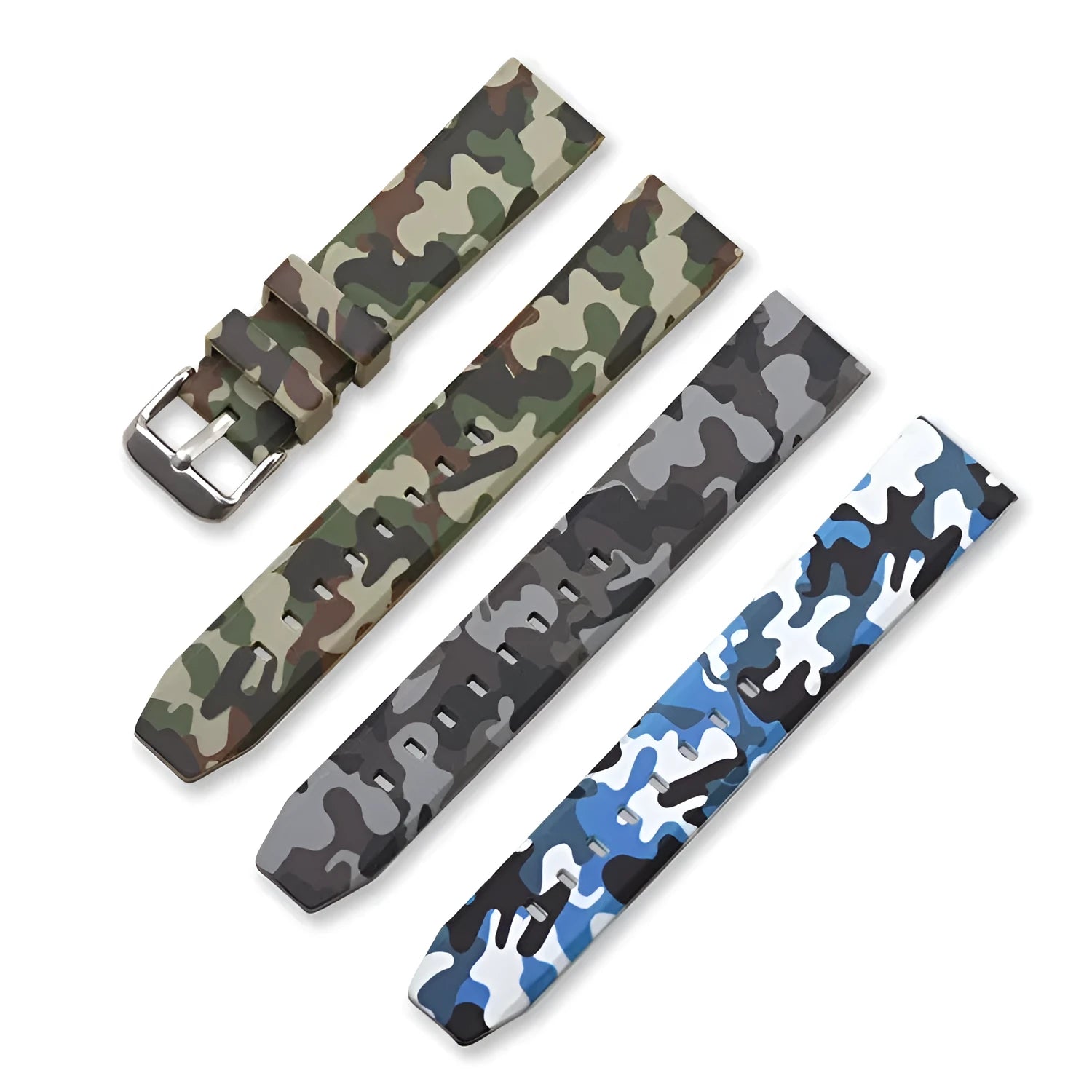 Green camouflage silicone watch strap with flat head universal lugs on a grey background
