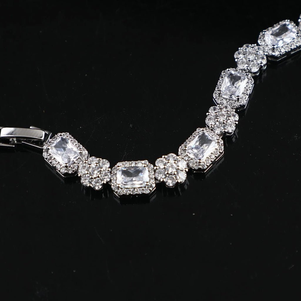 Copper real white gold full zircon claw chain bracelet for women, silver colour, flower and geometric shapes