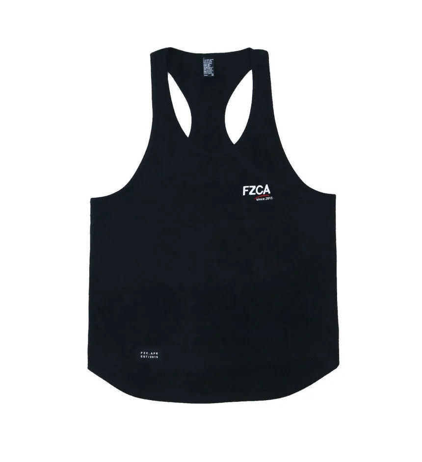 Men's white cotton sports vest for fitness and running training, shown on a hanger.