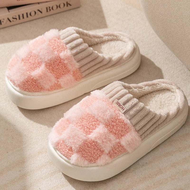 Women's plaid plush slippers with non-slip sole in various colours