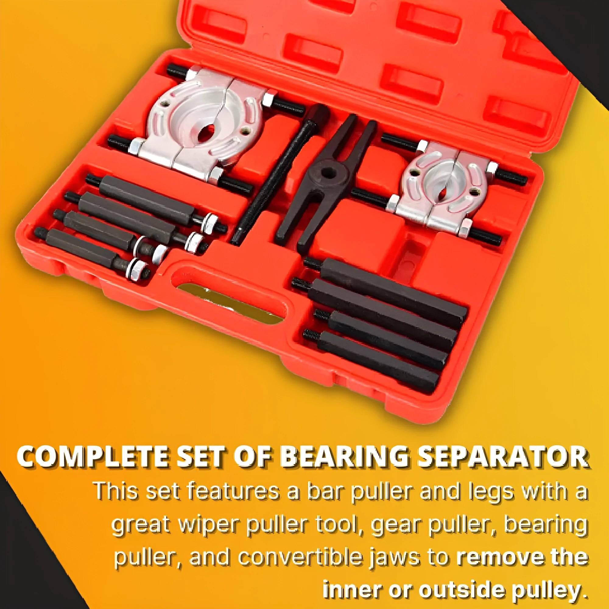 Bearing puller 12-piece set in chrome vanadium steel for auto chassis repair, size 39x31x25cm