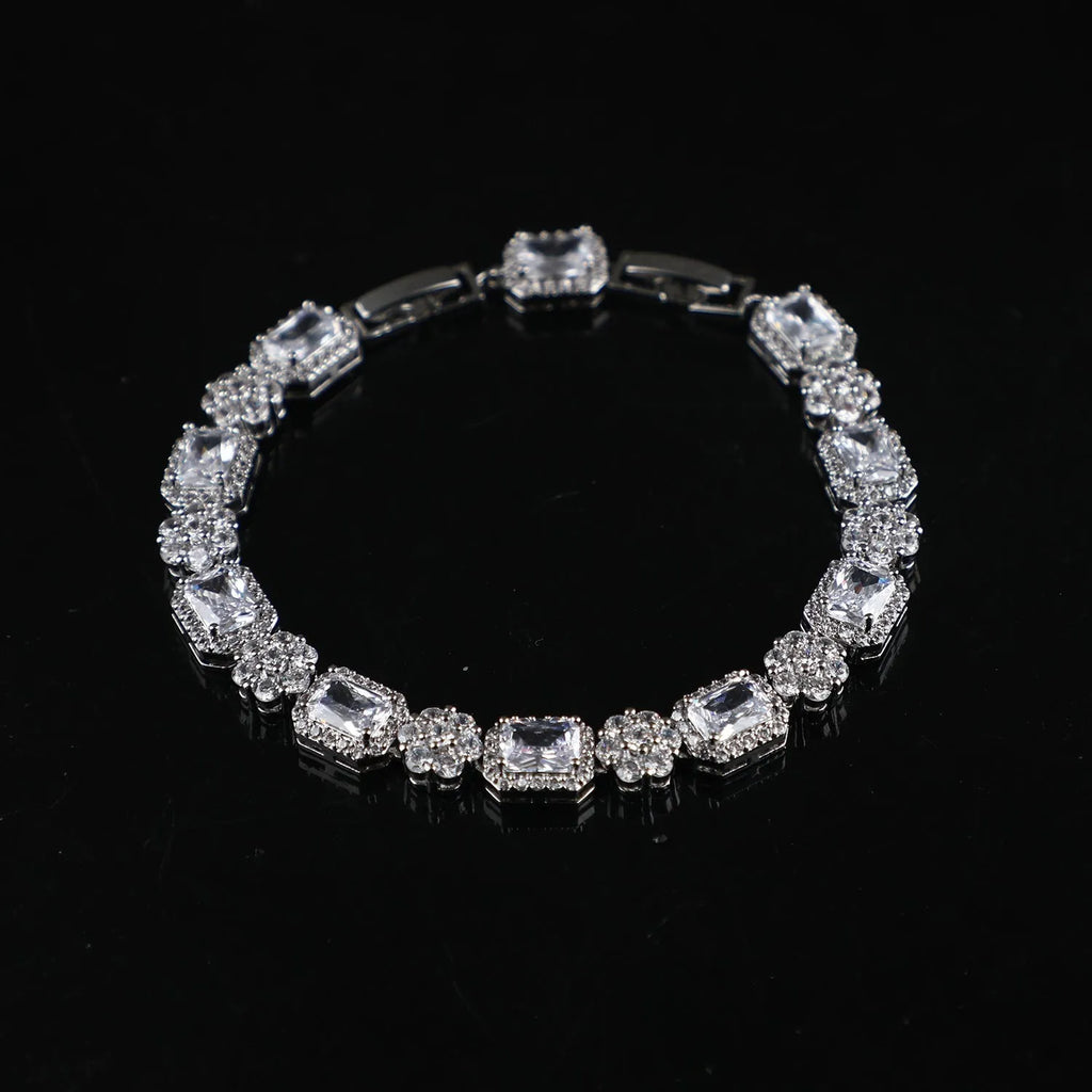 Copper real white gold full zircon claw chain bracelet for women, silver colour, flower and geometric shapes
