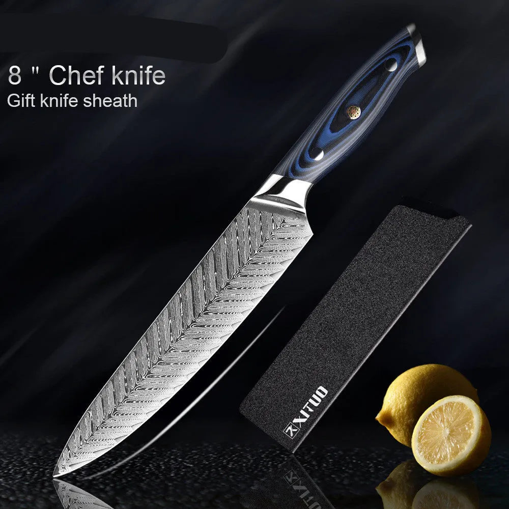 Damascus 4-piece knife set with stainless steel blades and blue G10 handles, including chef's, Santoku, boning, and peel knives