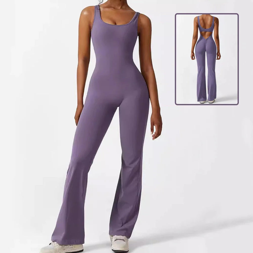 Women's sleeveless flare jumpsuits for fitness and yoga in various colours