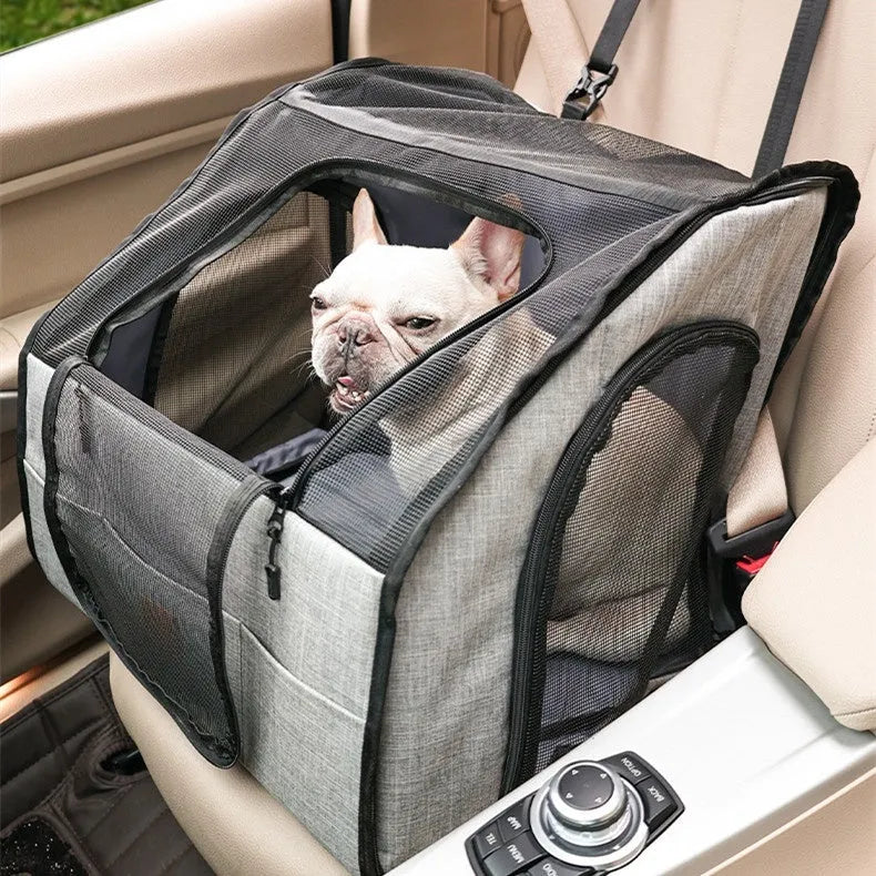 Gray portable foldable car pet cage with waterproof Oxford dog mat and PVC pipe frame for dog travel