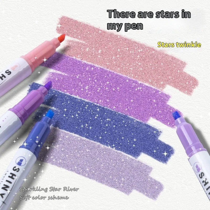 Star River glitter fluorescent highlighter pen set showing six glitter ink colours and slanted nibs