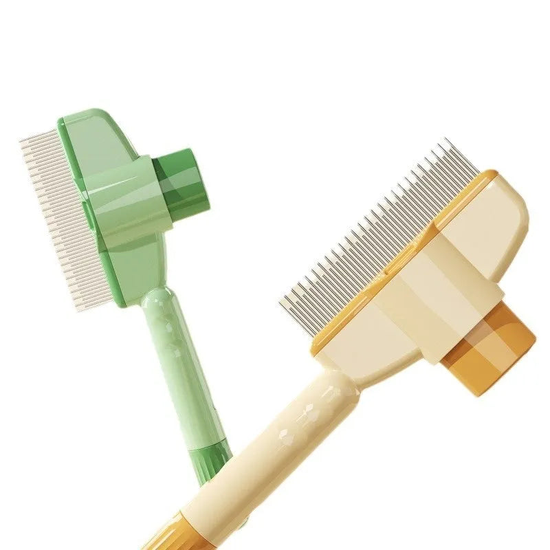 Yellow and green self-cleaning pet comb with stainless steel teeth and release button