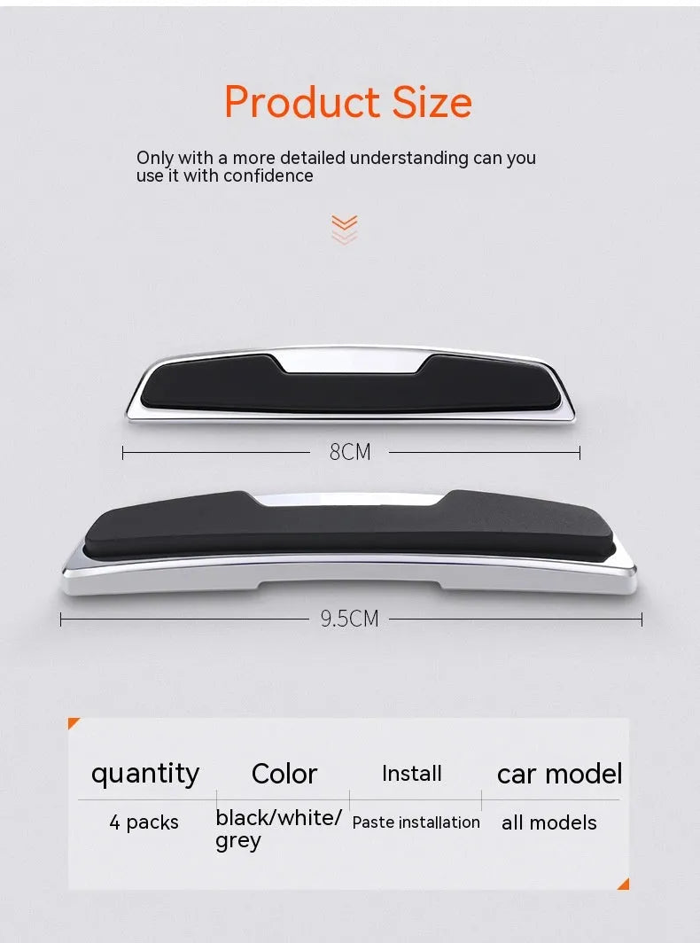 Black plastic silicone car door bumper protection strips, four-piece set showing dimensions.