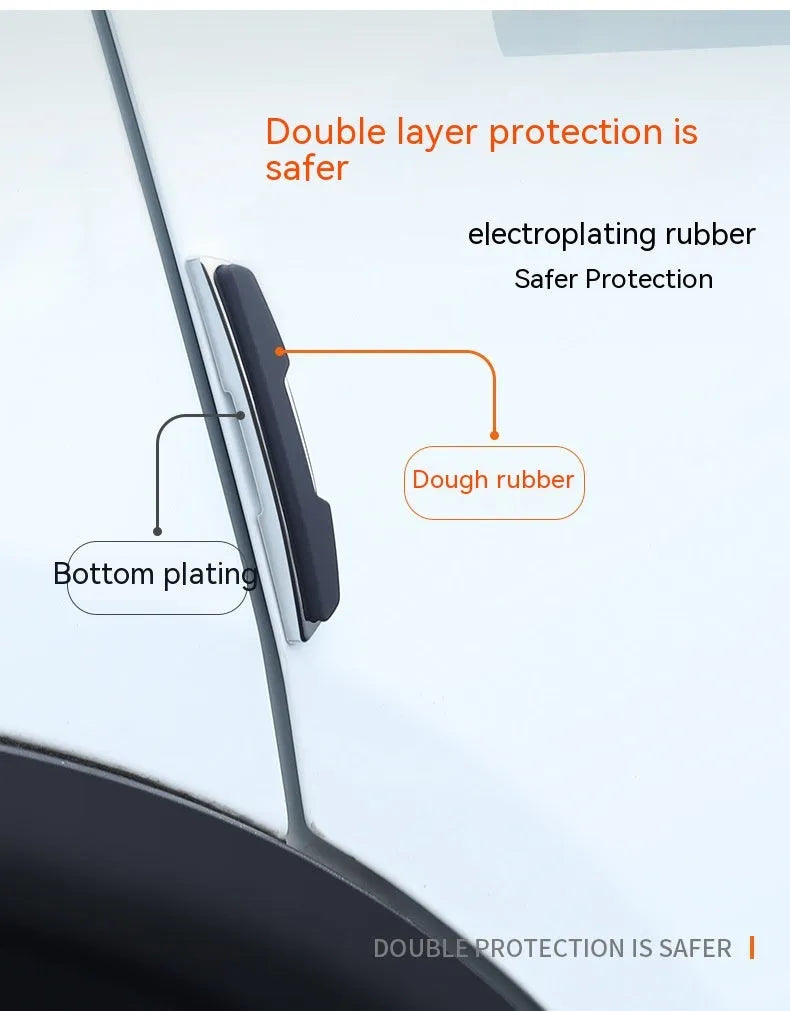 Black plastic silicone car door bumper protection strips, four-piece set showing dimensions.