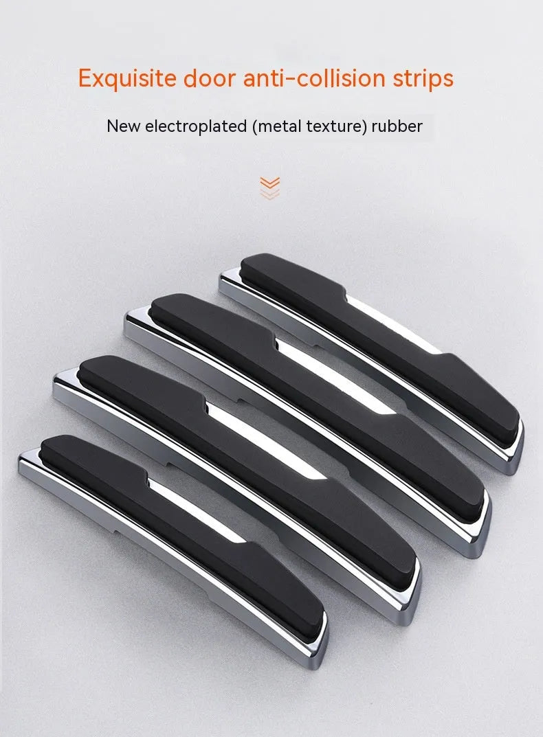 Black plastic silicone car door bumper protection strips, four-piece set showing dimensions.