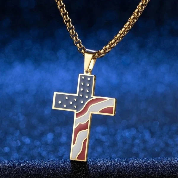 Men's stainless steel flag cross necklace in Black, Gold, and Silver options