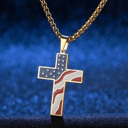 Men's stainless steel flag cross necklace in Black, Gold, and Silver options