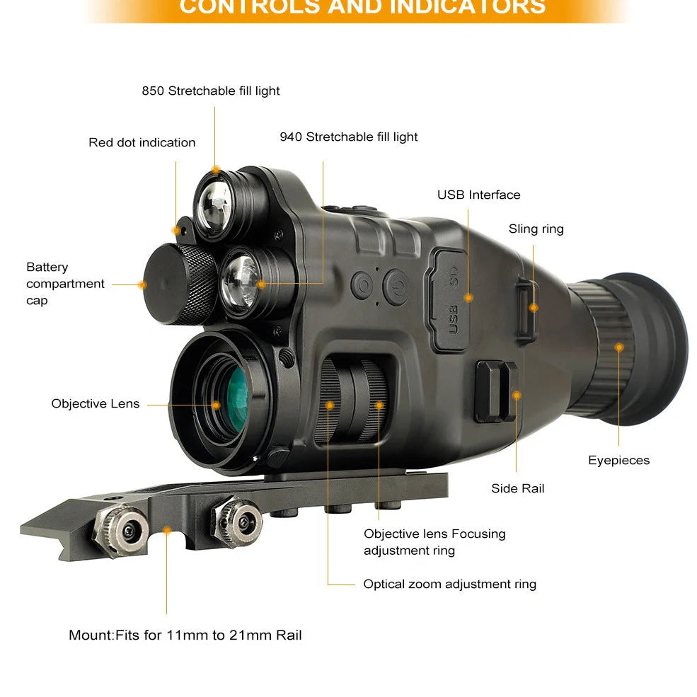 CY789 HD night vision photography instrument showing compact 106×97×47mm dimensions and optical components