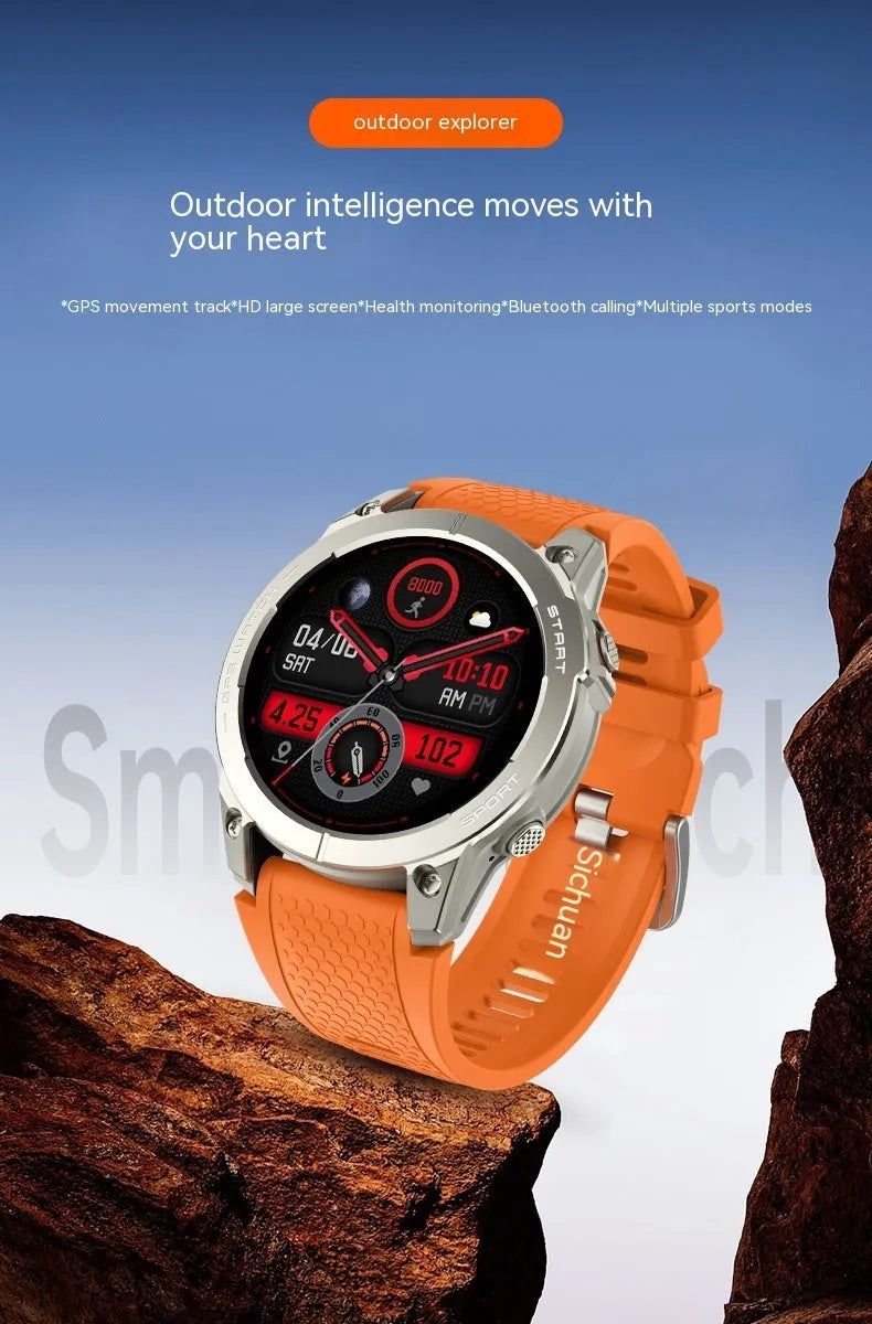 Black or orange GPS sports smart watch with 1.43 inch touch screen showing health metrics