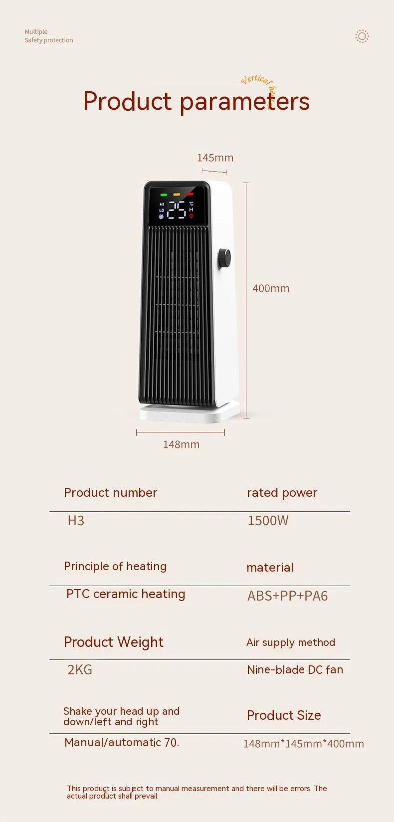 White small electric air conditioner heater with shaking head and touch controls for large rooms